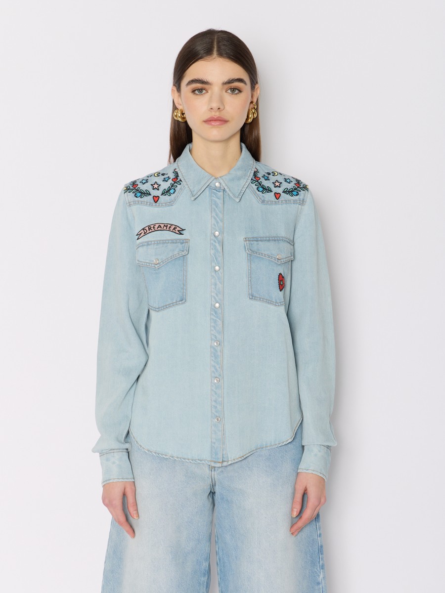 CABANALUCKY | Chemise en denim bleu avec broderies